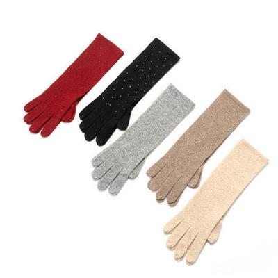 China Soft 2021 Customized Warmest Pure Cashmere Glove Women Winter Top Sales Long Length With Shinning Stones for sale