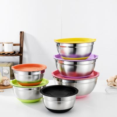 China Amazon Color Stainless Steel Viable Hot Selling Mixing Bowl Set Custom Non-Slip Silicone Metal Salad Bowl Storage Bottom Bowl With Lid for sale