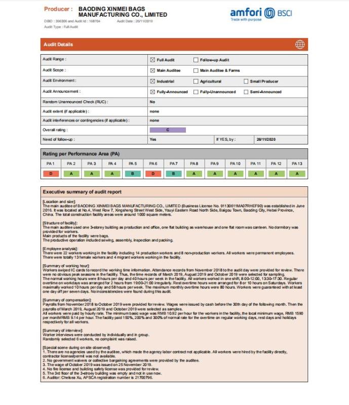 BSCI - Baoding Xinmei Bags Manufacturing Co., Ltd.