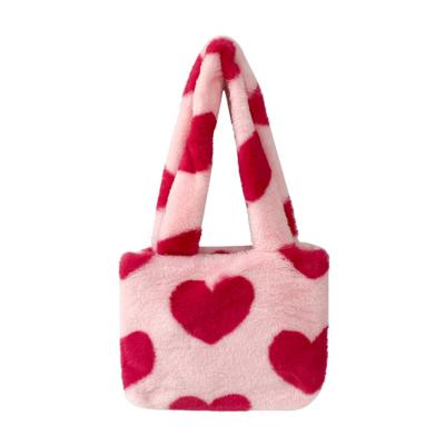 China Fashionable Custom Heart Printing Fluffy Tote Bag Girls Lovely Pink Faux Fur Shoulder Shopping Bag Super Soft Handbag for sale