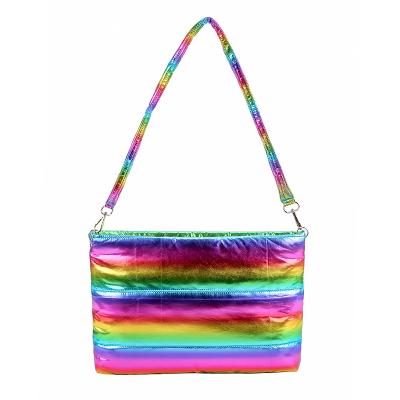 China Down Feather Fabric Custom Rainbow Gradients Color Shiny Holographic Down Feather Handbag Womens Pinch Lady Tote Bag for sale