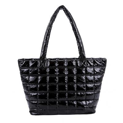 China Down Feather Fabric Custom Simply Style Pure Black Quilting Lightweight Large Down Feather Handbag Tote Bags For Women for sale