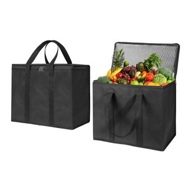 China Large Handle Reusable Custom Heavy Duty Black Nonwoven Grocery Bag Insulated Tote Bag Cooler Food Delivery Grocery Bag for sale