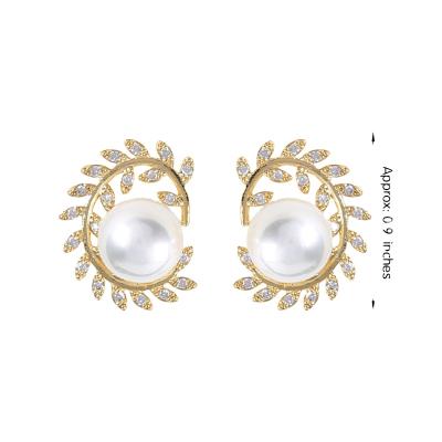 China New Hot Sale CLASSIC Hot Sale Jewelry Stud Imitation Copper Zirconia Imitation Pearl Olive Branch Stud Earrings For Women Party Gift Wedding for sale