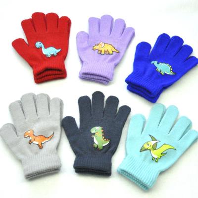 China Jacquard Veijer Kindergarten Kids Cartoon Dinosaur Print Winter Stretchy Knit Cuff Gloves For Kids for sale