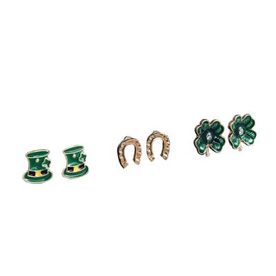 China FASHIONABLE St Patrick's Day Cute Jewelry Women's Hat Four Leaf Clover 3 PC/Set Green Gold Plated Women Girls Stud Earrings Set for sale