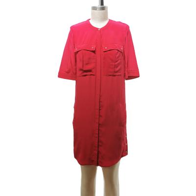 China AKD10008 Red Button Anti-Static Shirt Dress For Women Long Sleeve Silk Shirt Dress For Women for sale