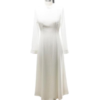 China OEM Factory Best Sale Breathable High Quality Jacquard Maxi Dress For Women DF550 Stand Collar Long Sleeve White Long Dress For Women for sale