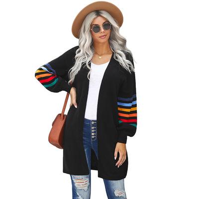 China Viable Women Autumn And Winter New Casual With Front Pockets Striped Sleeve Wholesale Open Cardigan for sale