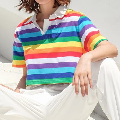 China Viable Fashion half-high lapel ladies lapel late summer T-shirts rainbow color collar short sleeves T-shirts wholesale for sale