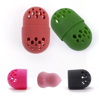 China Customized Color Eco-friendly Logo Soft Silicone Travel Capsule Drying Stand Beauty Makeup Sponge Blender Sponge Puff Case Cosmetic Holder for sale