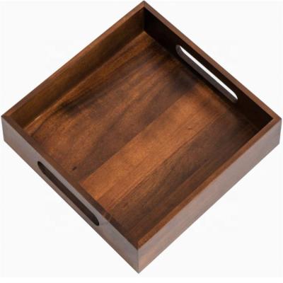 China Eco-Friendly Factory Shipping 10x10 Inch Acacia Drinks Serving Mini Wooden Tray With Handles for sale