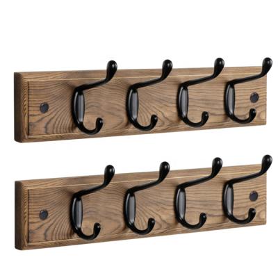 China 2 Pcs Wall Mount Hat Rack 4 Hooks Black Durable Exquisite Rustic Wooden Hook Hanger for sale