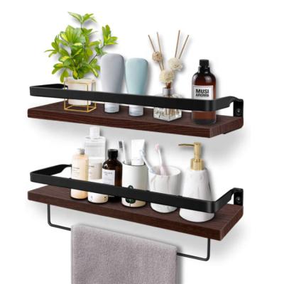 China Custom Rustic Brown Wood Wall 2 Organizer Shelf Bathroom Wooden Shelf Storage Set for sale