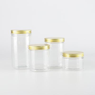 China Food Jar 2oz 5oz 8oz 10oz 250ml 600ml Plastic PET Jars With Gold Colored Metal Caps for sale