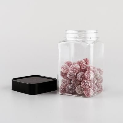 China Clear Square Plastic Food Jar Jars With Black Lids For Food Storages for sale