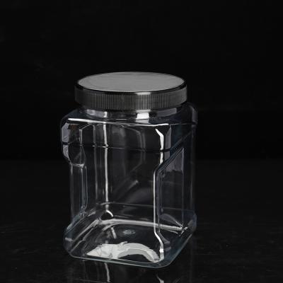 China Storage Jars Wholesale Clear Cheap Bulk Price 56Oz PET Plastic Square Pinch Grip Hand Jar With Black Ripped Matte Top Screw Cap for sale