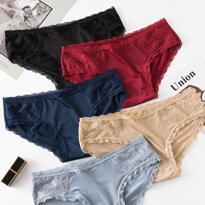 China Sexy Seamless Panties Women Underwear Lace Satin Lingerie Briefs Low Rise Womens Panties Hippy Briefs Black Blue Red for sale