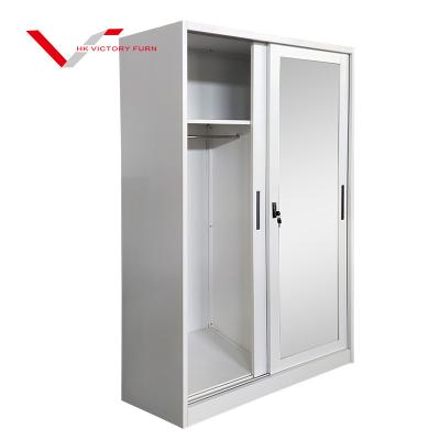 China Hot Selling Modern Metal Swing Doors 2 Door Wardrobe Metal Almariah Office Furniture Metal Storage Clothes Wardrobe With Mirror for sale