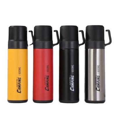 China Stocked Custom Logo 600ml Portable Custom Logo Stainless Steel Insulated Vacuum Flasks Hot and Cold Water Bottle with 2 Cups for sale