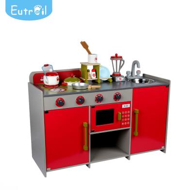 China Wooden Kids Furniture Wooden Kitchen Cooking Play Toys Cabinet Including Microwave Oven Toy for sale