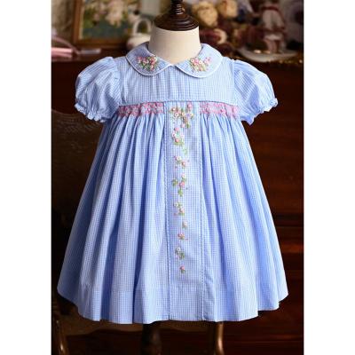 China Anti-Wrinkle Organic Cotton Embroidery 2-12 Princess Summer Kids Flower Girl Dresses Plaid Pattern Shorts Sleeve Skirt Children Clothing for sale