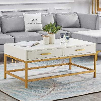 China Wholesale KD 2021 Hot Sale High Quality Cheap Modern 2 Layers White Gold Metal Mix Detachable Wood Coffee Table With Drawer for sale