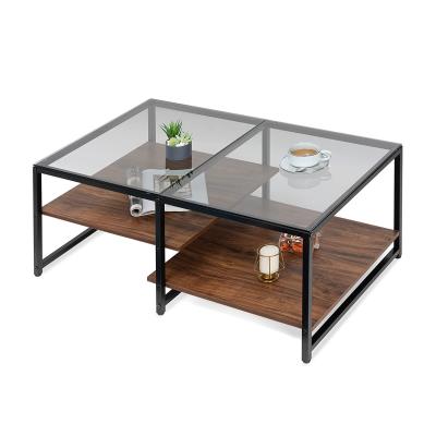 China KD Modern Wood Central Hotel Tempering Modern Living Room Rectangle Coffee Table Glass Top Wood And Glass Furniture for sale