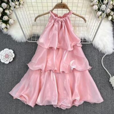 China Anti-wrinkle 2023 Fashion Ruffled Ladies Suspender Dress New Summer Sleeveless Halterneck Casual Dress Sweet Women's Dresses for sale