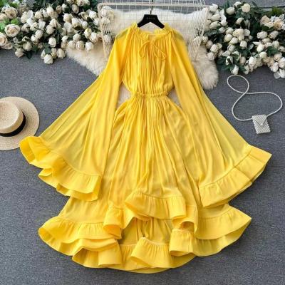 China Anti-Static Retro High Sense Fashion 2023 New Autumn Trumpet Sleeve Ruffled Ladies Dress Casual Ladies The Gown  Women's Dresses for sale