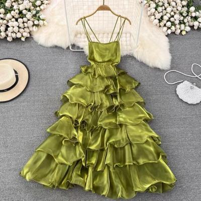 China Anti-wrinkle French Fashion 2023 New  Ruffled Cake Ladies Strappy Dress A-Line Waist Long Skirt Summer Women's Casual Dresses for sale