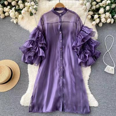 China Anti-wrinkle High Sense Fashion 2023 Trumpet Sleeve Ruffled Ladies Dress Casual Mid Length Sun Protection Shirt Women's Dresses for sale