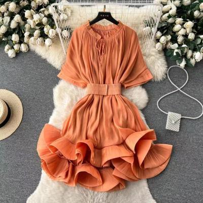 China Anti-wrinkle Wholesale Supplier 2023 French Fashion Tighten The Waist Dress Ruffled Ladies Skirt Summer Casual Women's Dresses for sale