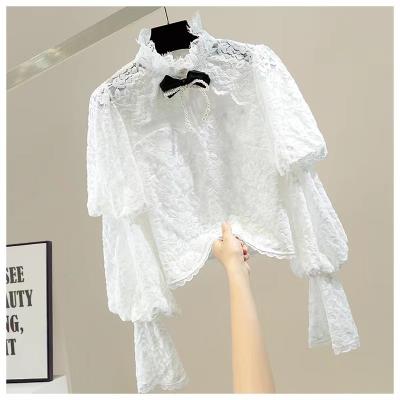 China Anti-wrinkle Autumn New 2023 Fashion Puff Sleeve Stand Collar Short Style Ladies Blouses Tops Long Sleeve Women Lace Bow Shirt Vintage for sale