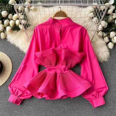 China Anti-wrinkle 2023 Autumn New Stand Collar Lantern Sleeve Blouses Solid Color Press Pleated Top Women Ruffle Shirts For Women for sale