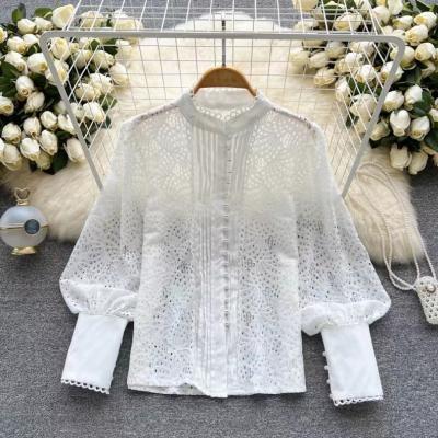 China Anti-wrinkle Wholesale Clothing 2023 Autumn New Temperament Fashion Bottoming Ladies Blouses Cutout Long Sleeve Top Lace Women Shirt for sale