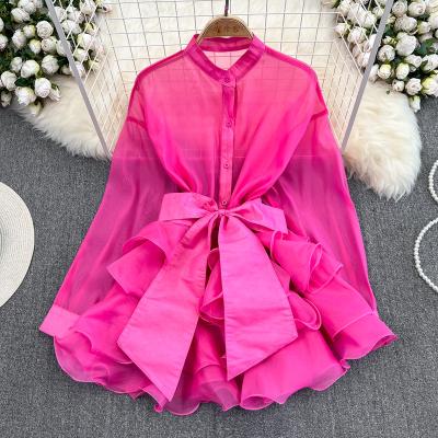 China 2023 Anti-wrinkle fashion round neck ladies top sheathed ruffled blouses long single breasted elegant chiffon shirt for women clothing for sale