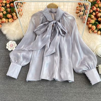 China 2023 Autumn New Women Vintage Loose Bow Long Sleeve Tops Women's Clothing Suppliers Suppliers Anti-wrinkle Organza Shirts Ladies Casual Tops for sale