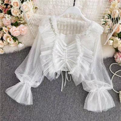 China Anti-wrinkle Autumn New 2023 Soft Upper Ladies Mesh Chiffon Blouses Short Fashion Square Collar Puff Sleeve Style Ruffles Women Shirt for sale