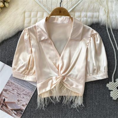 China Summer Fashion Anti-wrinkle Panel Sleeve V-Neck Fringed Solid Color Short Shirt Satin Tops Blouse For Women Ladies Clothing Supplier for sale