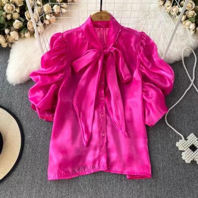 China Wholesale Anti-Wrinkle Supplier Fashion Puff Sleeve Ladies Tops Summer Short Sleeve Single Breasted Blouses Chiffon Shirts For Women for sale