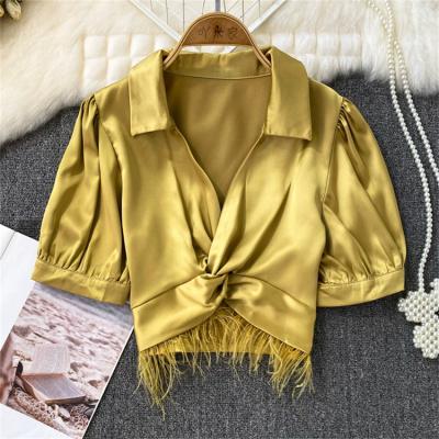 China 2023 Anti-wrinkle fashion V-neck blouse fringed panel short sleeve shirt satin tops blouse for women casual ladies clothing supplier for sale