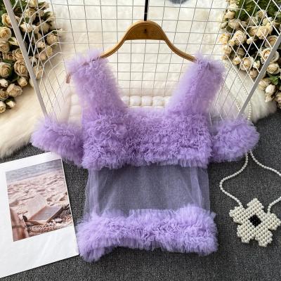 China 2023 Breathable Short Women Mesh Chiffon Shirts Ladies Elegant Candy Sleeve Lace Blouses Summer Full Women's Clothing Wholesale for sale