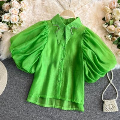 China 2023 Anti-wrinkle temperament retros new women's loose tops women's short sleeve bubble lapel blouses short sleeve shirt ladies for sale