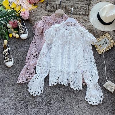 China 2023 Anti-wrinkle Court Style Autumn New Fashion Cutout Women Blouse Long Sleeve Ruffle Lace Shirt For Ladies Cardigan Tops for sale