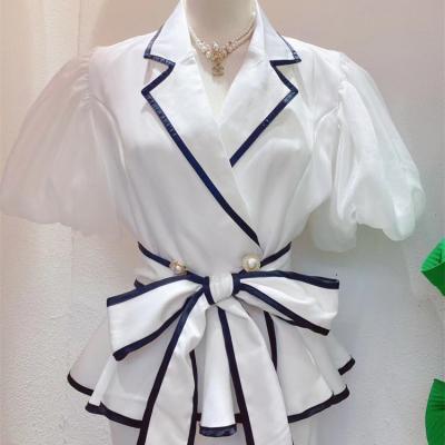 China Anti-wrinkle summer tops for women 2023 fashion short sleeve belted women's tops short sleeve chiffon color block color block bow blouses for sale