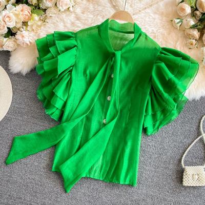 China 2023 Summer Casual Micro Anti-Wrinkle Sheer Shirts Ruffle Sleeve Ladies Tops Loose Shirt Women's Solid Color Bow Lace-Up Blouses for sale