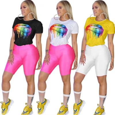 China Quick-drying Sexy women's color lip print T-shirt shorts two-piece set for sale