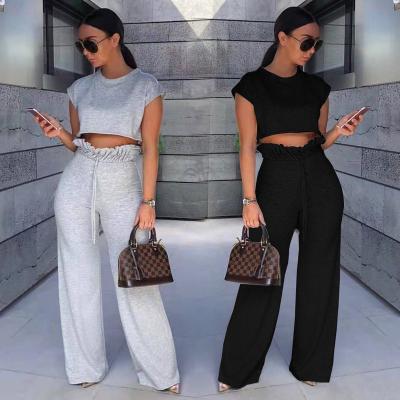 China Breathable 2023 Summer Trendy Women Casual Cropped T shirt And High Waist Wide Leg Trouser 2 Piece Sets Two Piece Loose Pants for sale