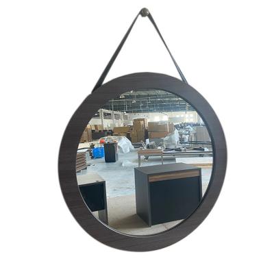 China Hotel Furniture Used Wall Hawthorn Suites Custom Vanity Mirror Round 5mm Wood Drawstring PVC Dark Wood Edging for sale